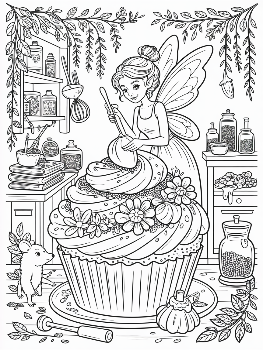 Fairy baking a giant cupcake - Free Coloring Page
