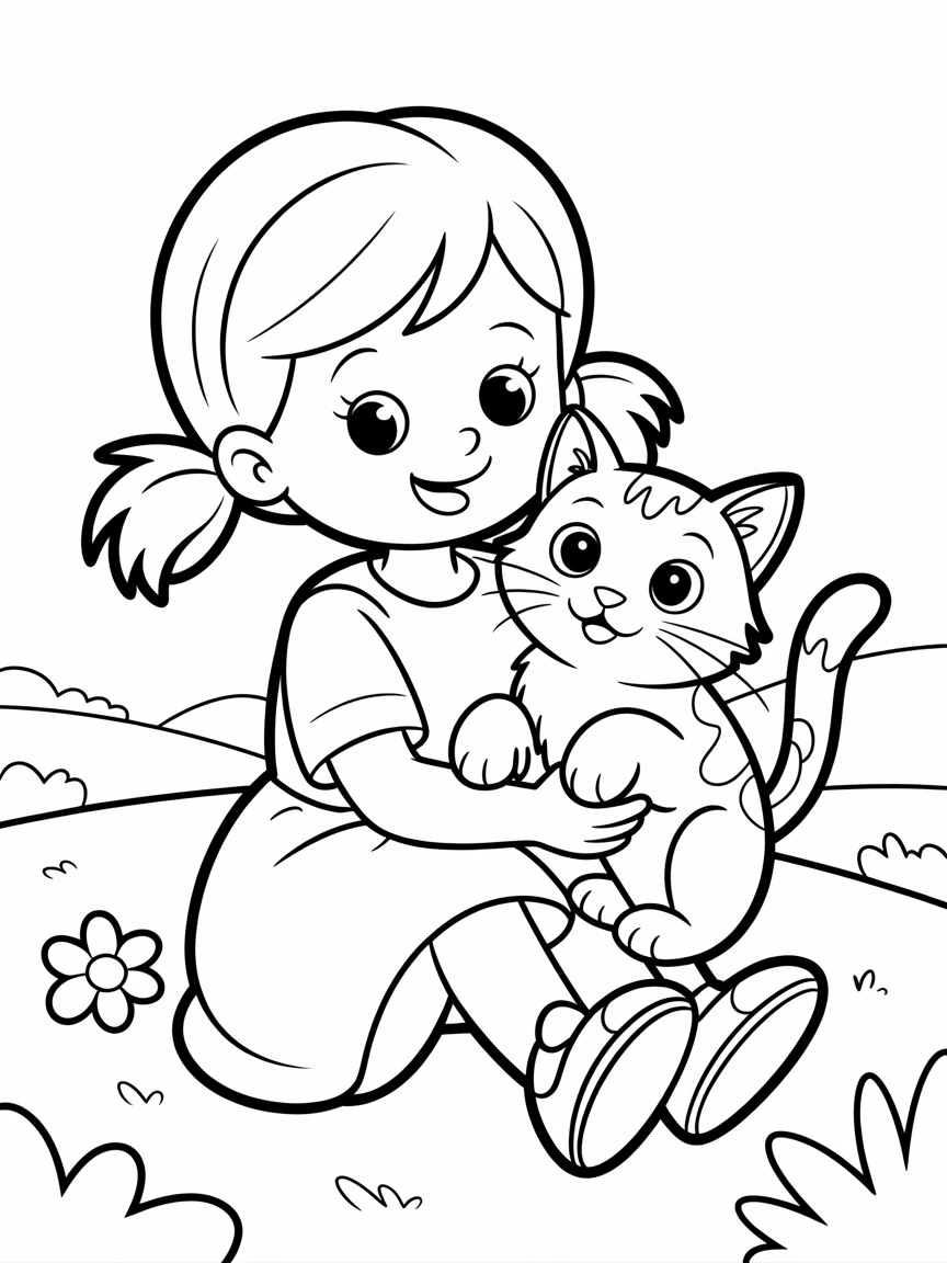 Girl with cat - Free Coloring Page