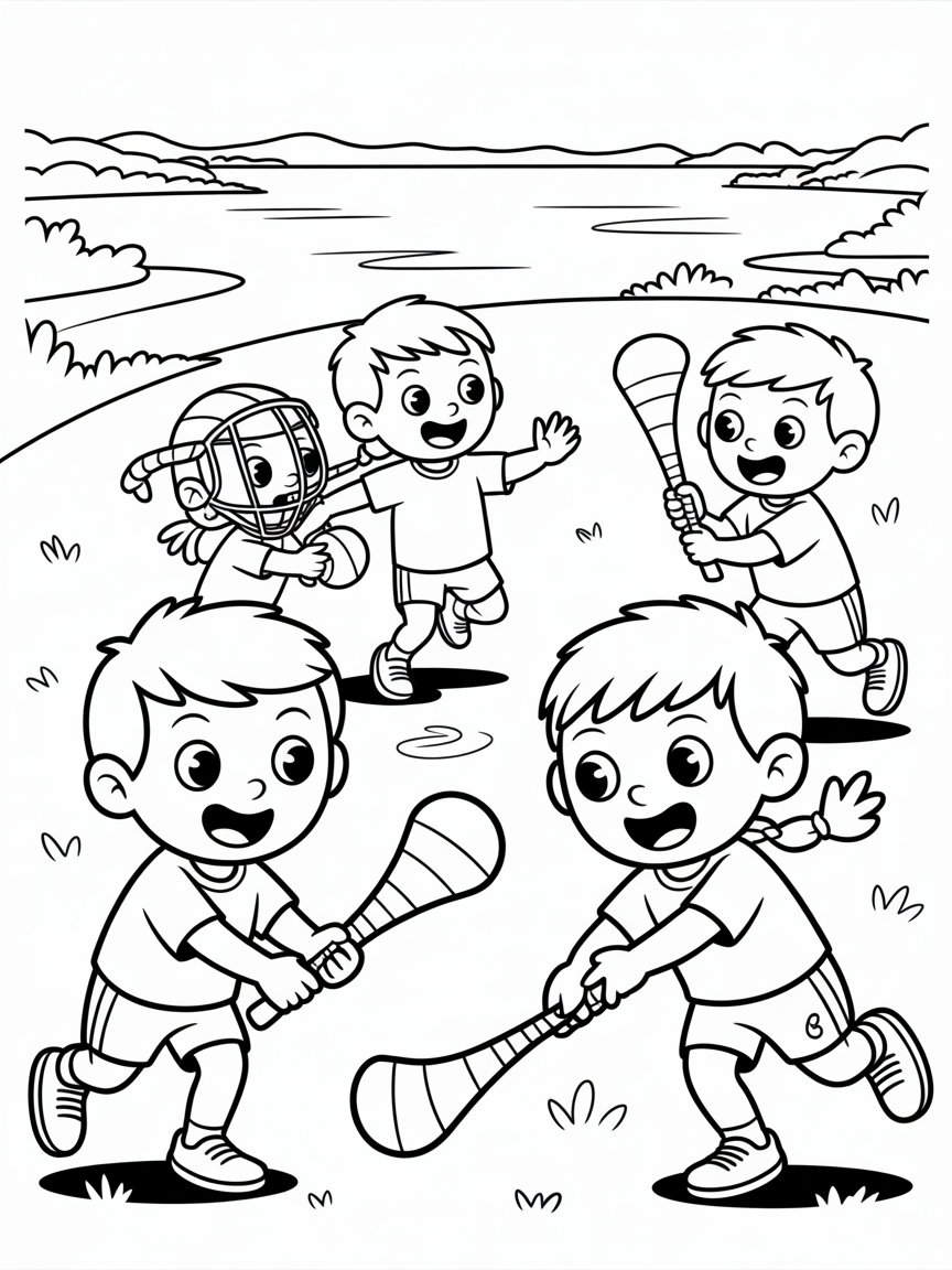 children playing hurling in Passage East - Free Coloring Page