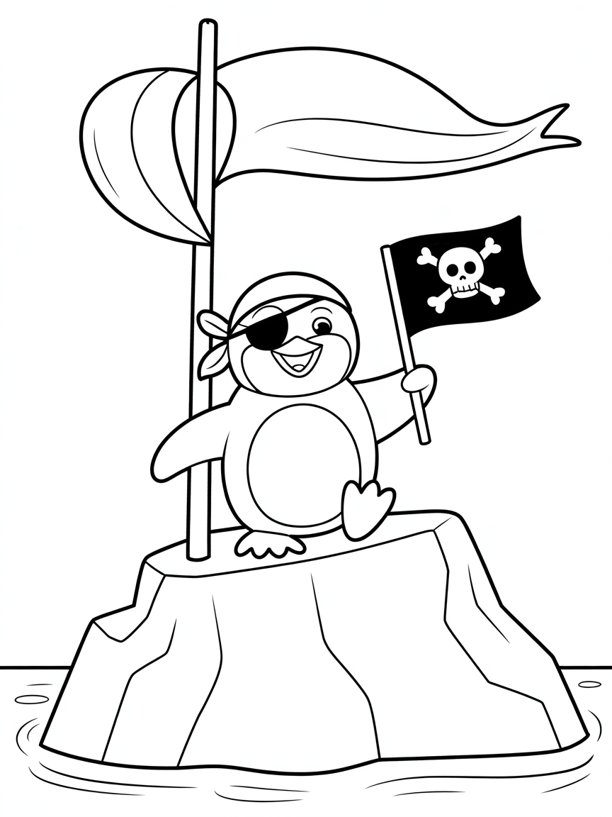 Pirate penguin sailing on an iceberg - Free Coloring Page