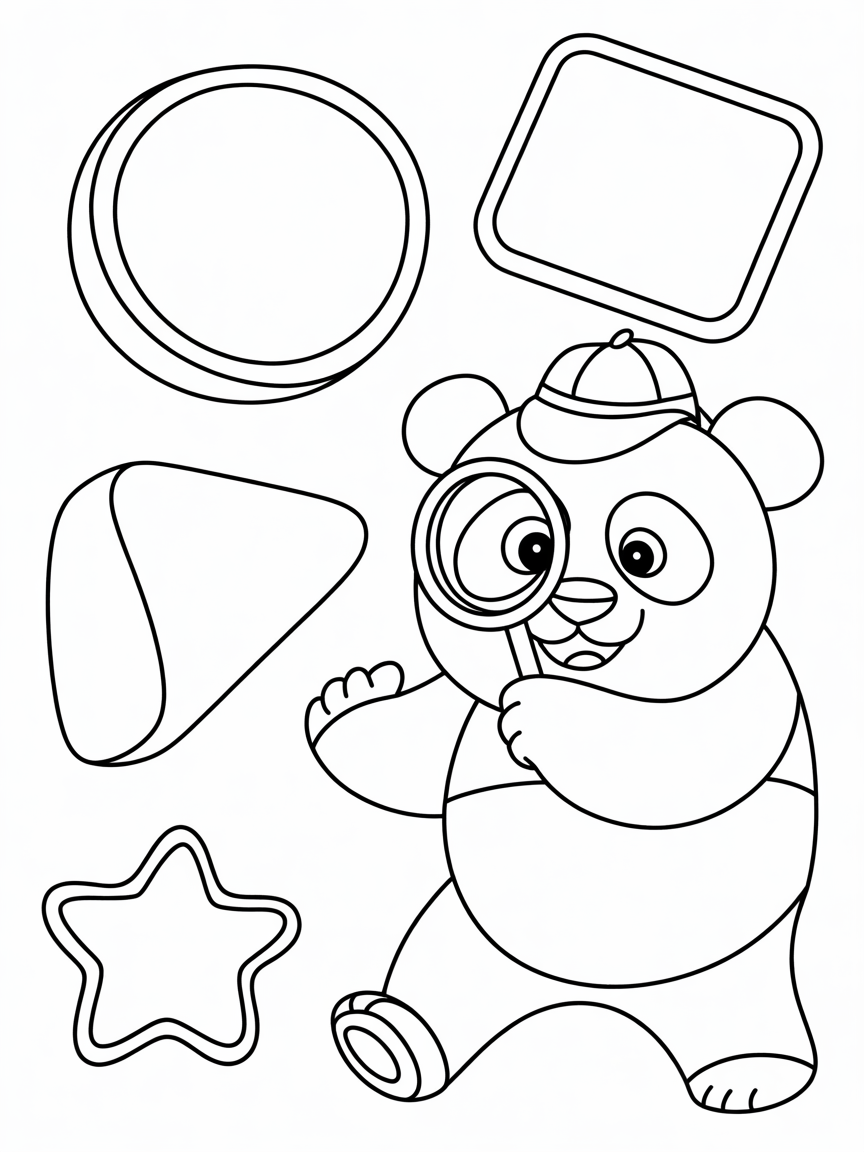 Create a coloring book for Detective Panda story on finding shapes that have escaped from a magical book - Free Coloring Page