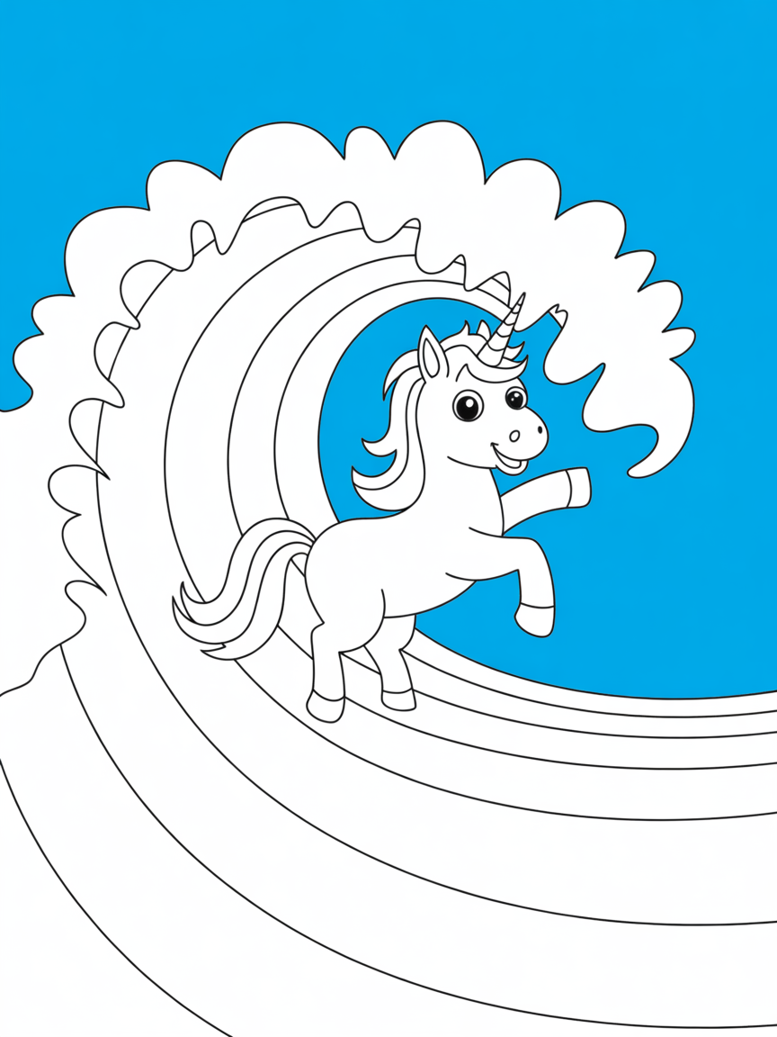 Unicorn surfing on rainbow waves - Free Coloring Page