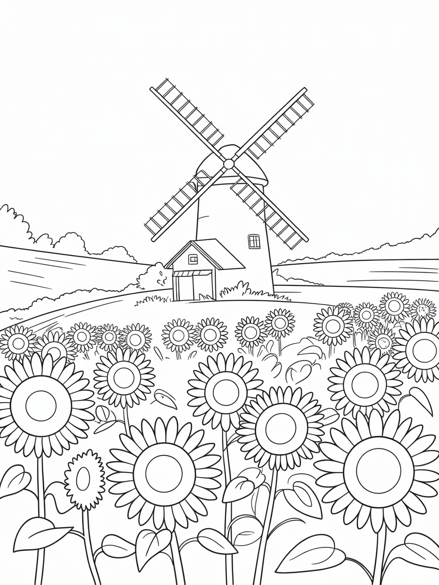 Rural windmill surrounded by sunflower fields - Free Coloring Page