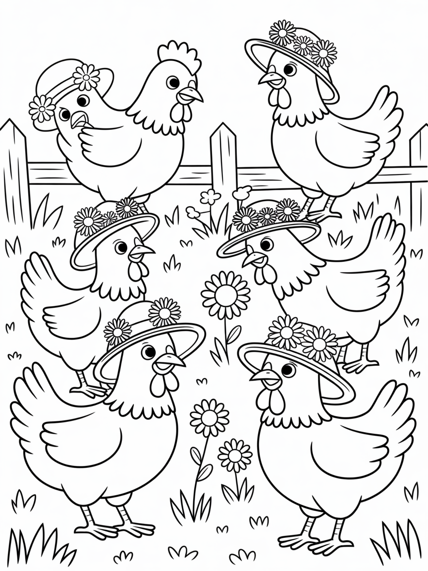 Chickens wearing floral hats in a country meadow - Free Coloring Page