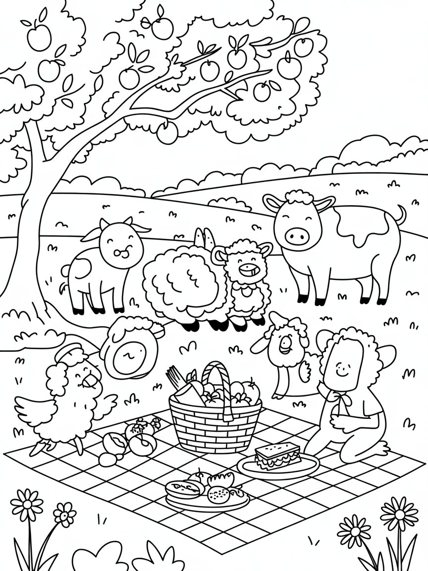 Picnic under apple blossoms with farm animals - Free Coloring Page
