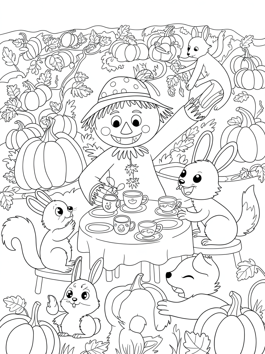 Scarecrow tea party in a blooming pumpkin patch - Free Coloring Page