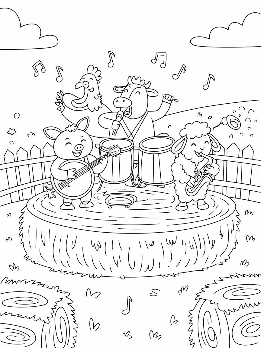Barnyard musicians on a haystack stage - Free Coloring Page