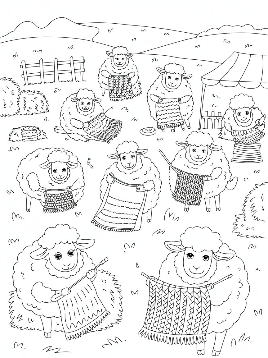 Country fair with sheep knitting colorful blankets - Free Coloring Page
