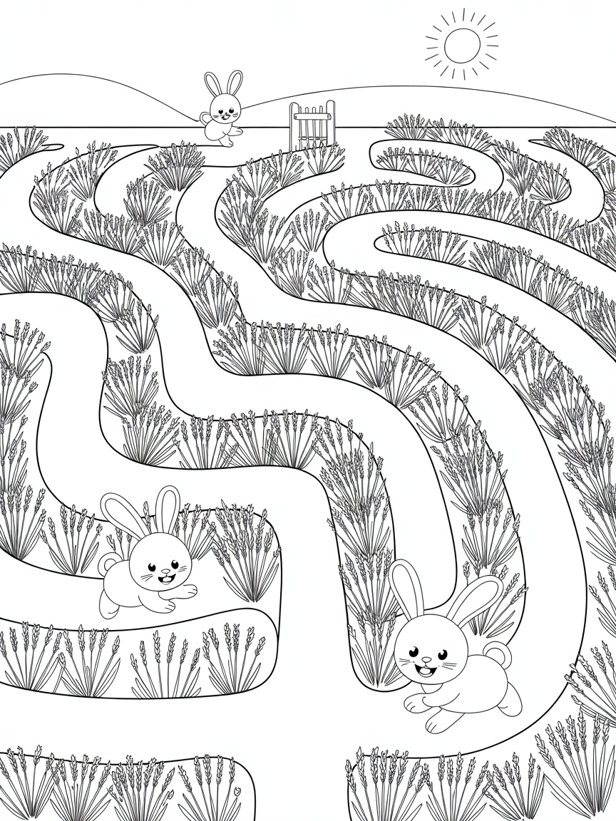 Lavender field labyrinth with exploring bunnies - Free Coloring Page