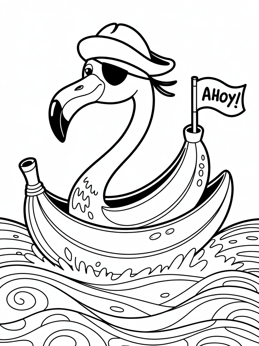 Pirate flamingo sailing a banana boat - Free Coloring Page