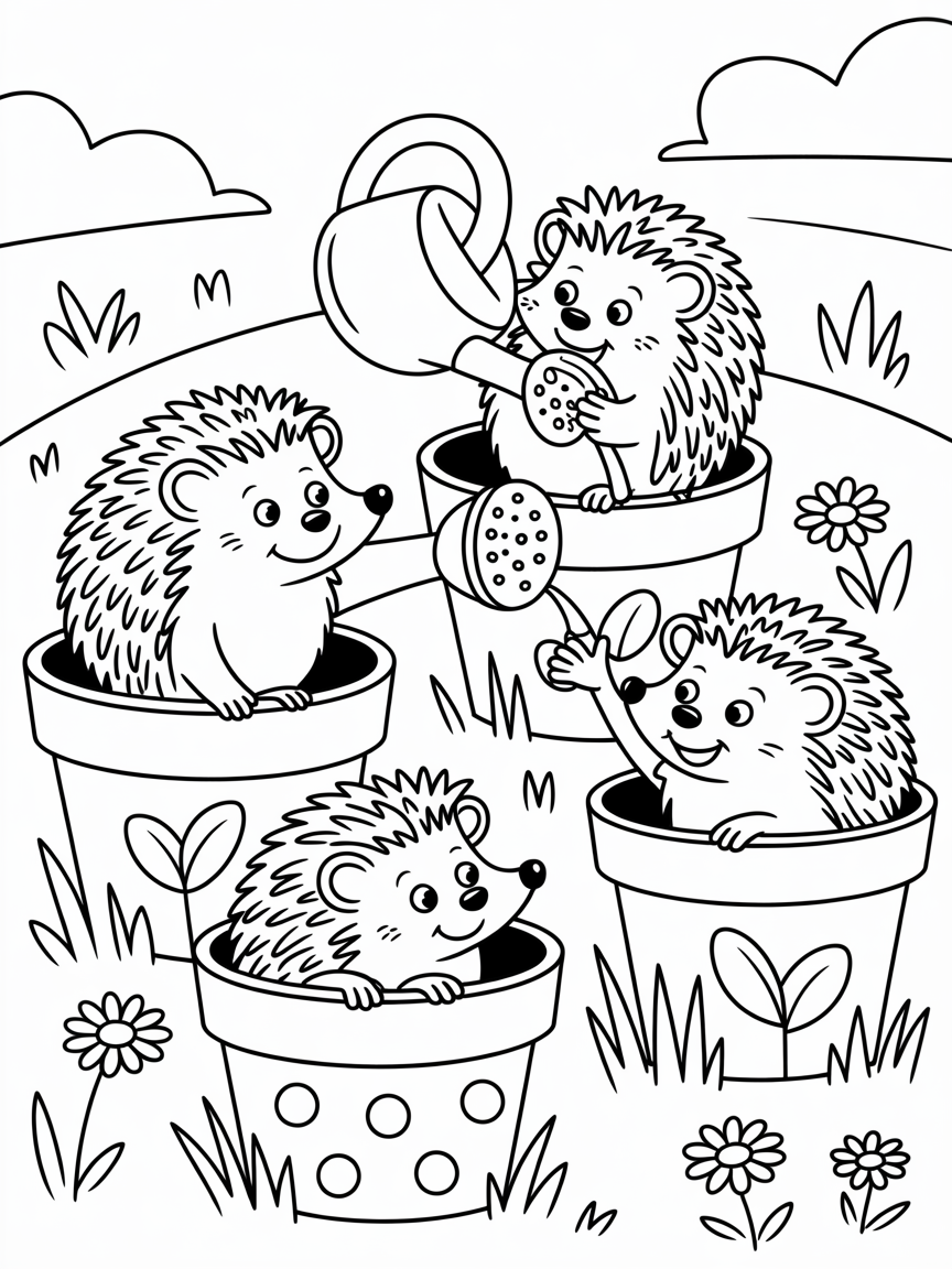 Flowerpot dwelling hedgehogs with watering can hats - Free Coloring Page