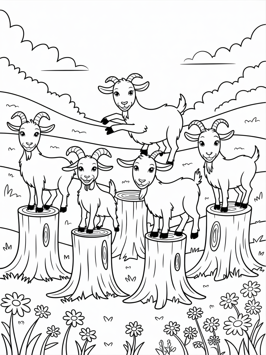 Carefree goats balancing on tree stumps in a meadow - Free Coloring Page