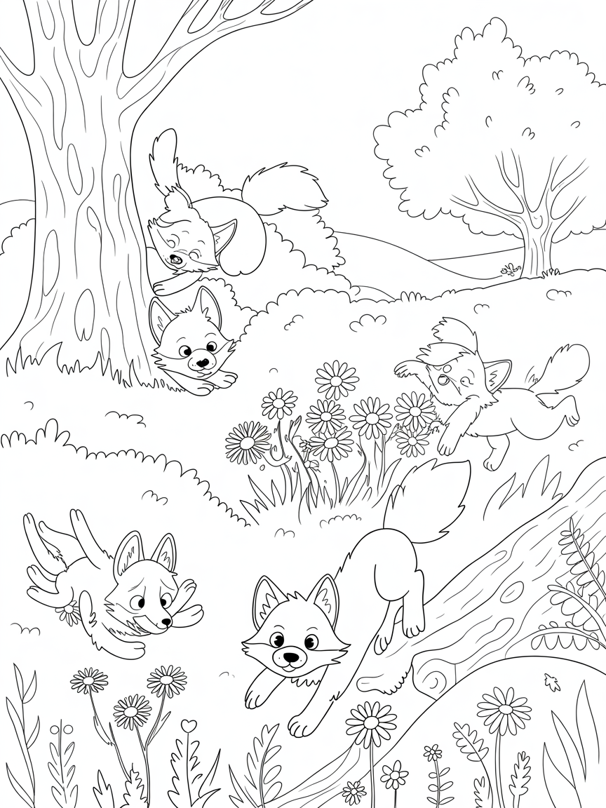 Sun-dappled glade with foxes playing hide and seek - Free Coloring Page