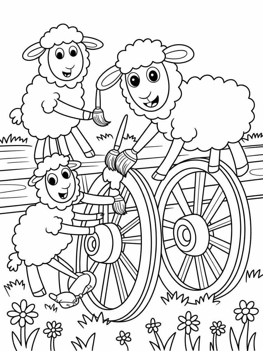 Sheep painting pastel colors on vintage wagon wheels - Free Coloring Page