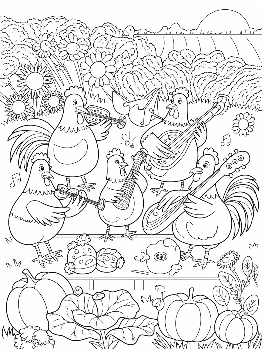 Barnyard roosters conducting a garden symphony with vegetables - Free Coloring Page