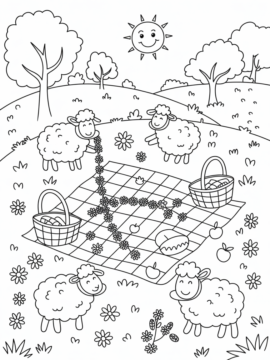 Meadow picnic with sheep weaving daisy chains - Free Coloring Page