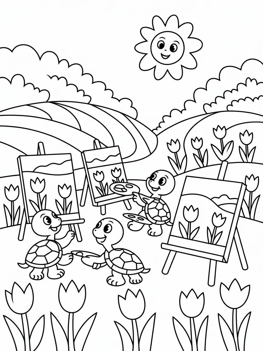 Turtle family painting tulip landscapes in spring - Free Coloring Page