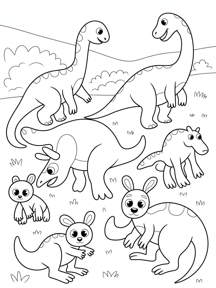 Dinosaurs and kangaroos - Free Coloring Page