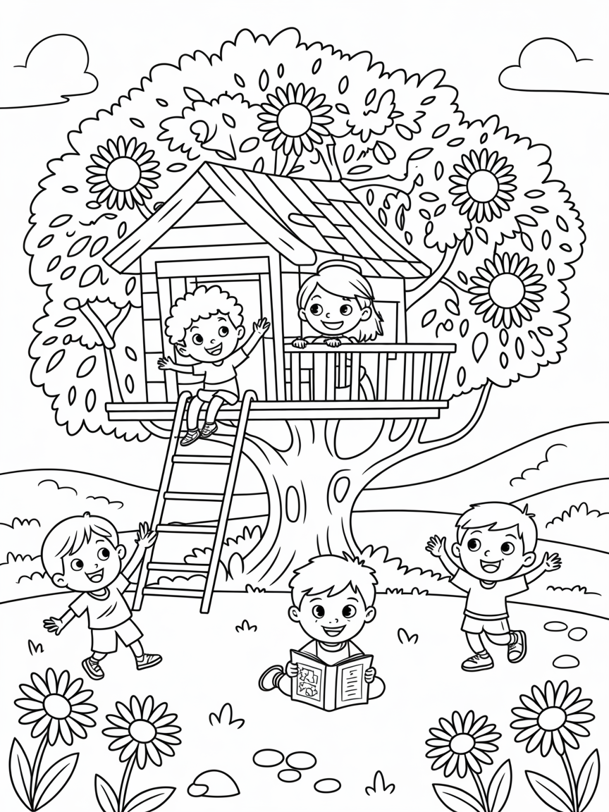 Children playing beneath a sunflower-covered treehouse - Free Coloring Page
