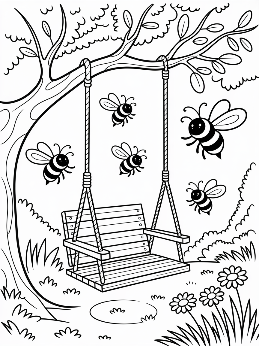 Garden swing surrounded by buzzing bumblebees - Free Coloring Page