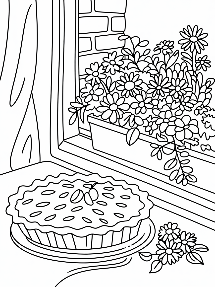 Freshly baked pie cooling near a blooming window box - Free Coloring Page