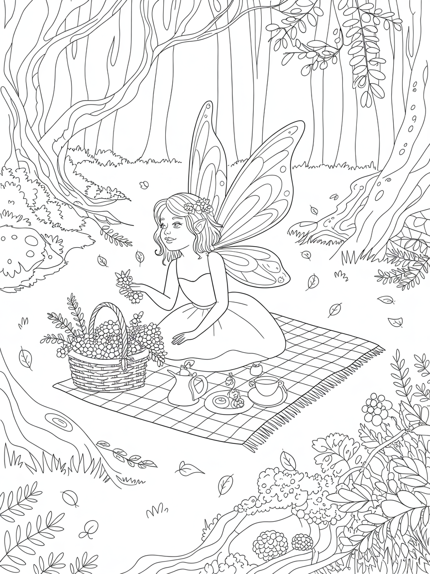 a fairy having a picnic - Free Coloring Page