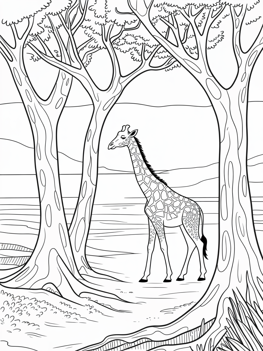 Big Trees Beach Giraffe - Free Coloring Page