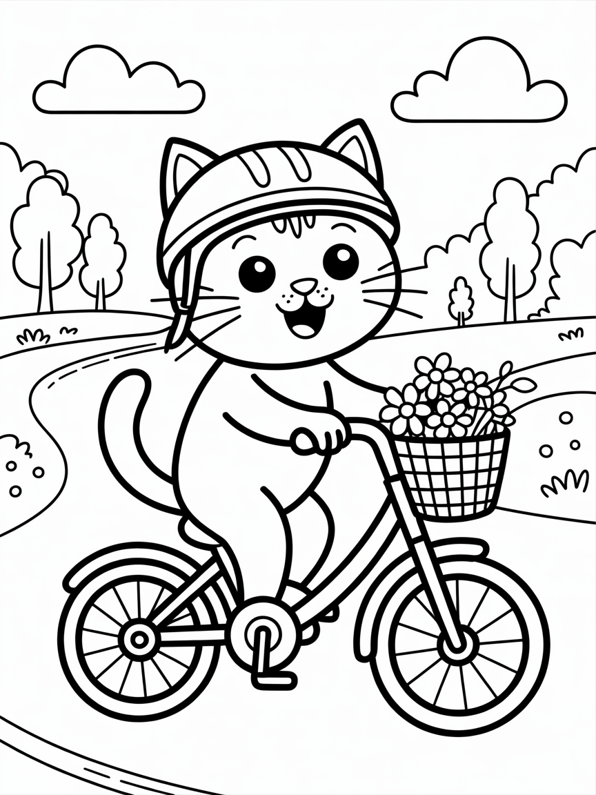 Cat riding bike - Free Coloring Page