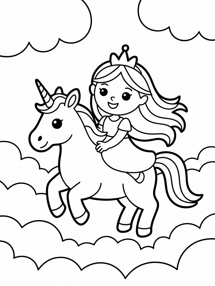 A Princess Riding a Unicorn on the Clouds - Free Coloring Page