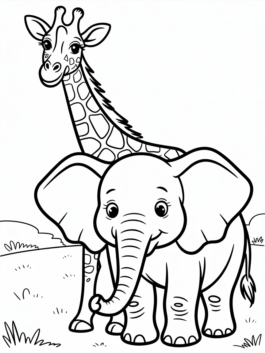 A giraffe and an elephant - Free Coloring Page