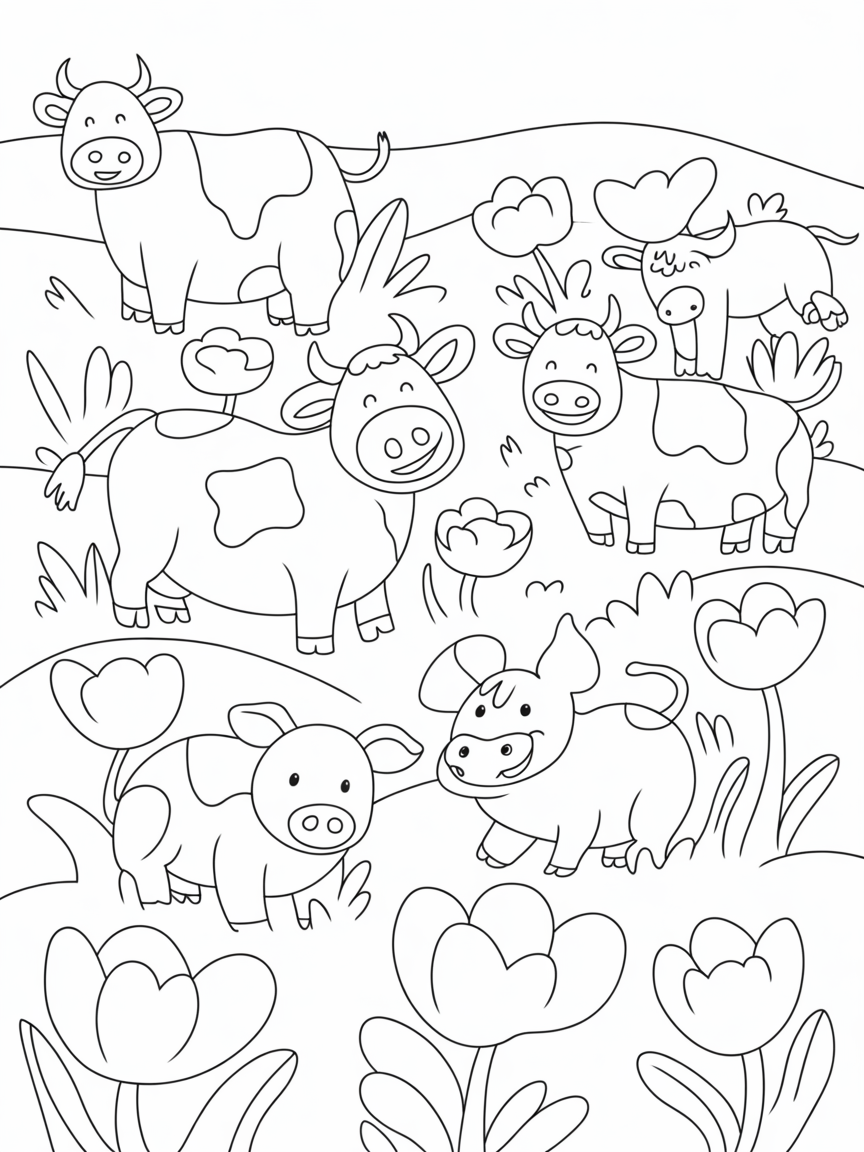 Flowers with cows and pigs - Free Coloring Page