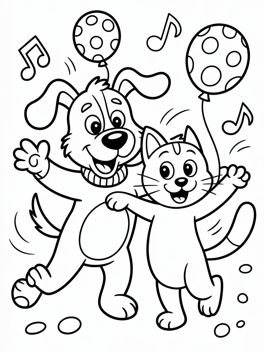 A dancing dog and cat - Free Coloring Page