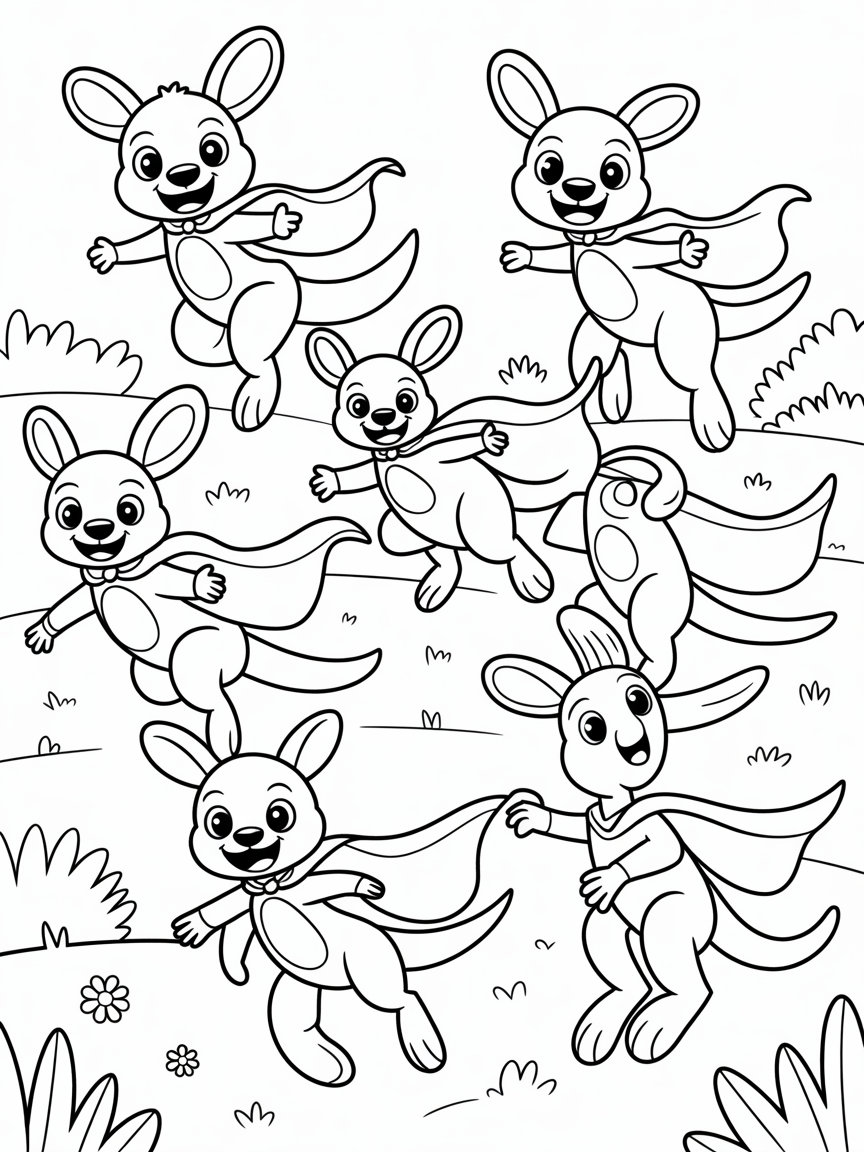 Bouncing kangaroos wearing superhero capes - Free Coloring Page