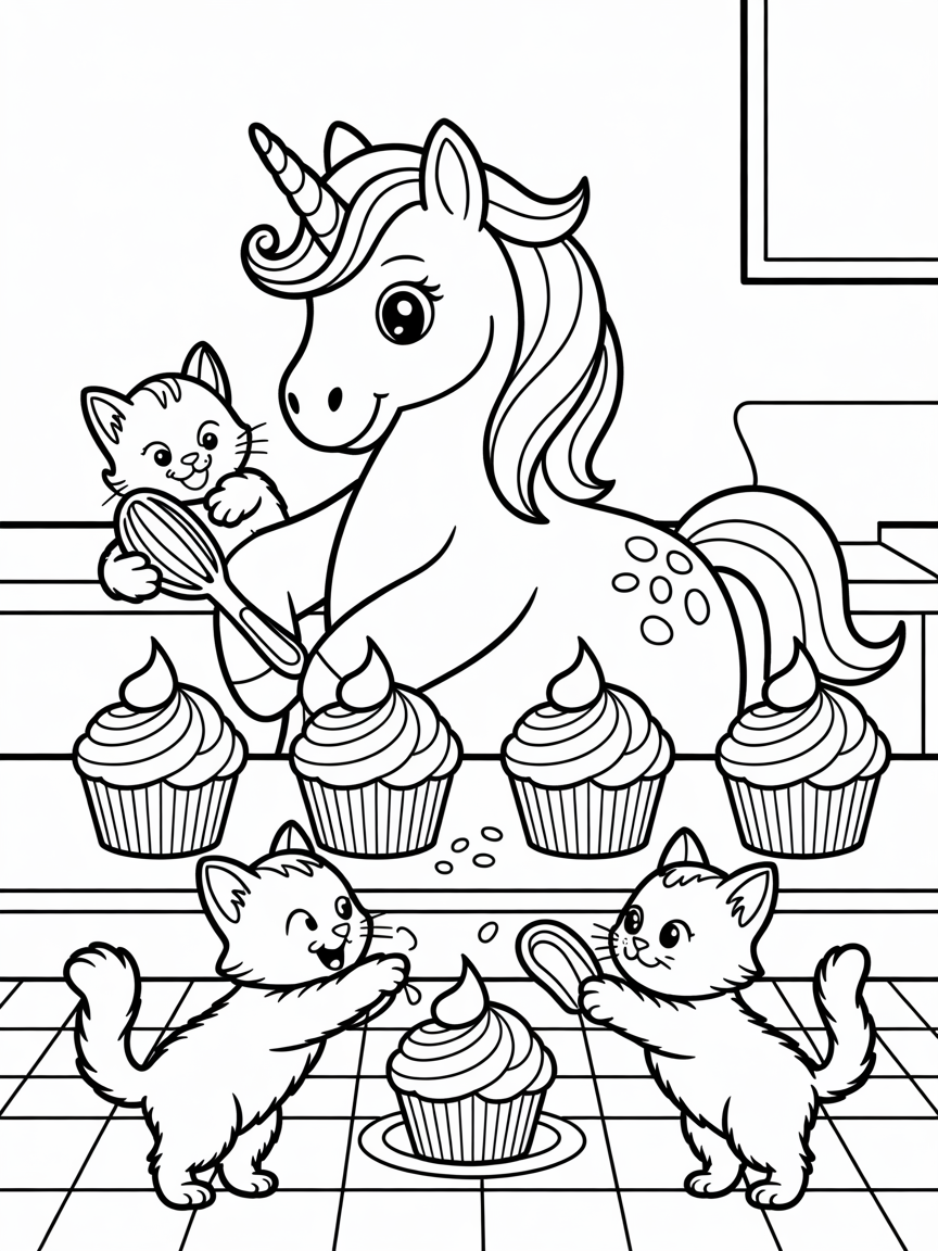 Unicorn baking rainbow cupcakes with kittens - Free Coloring Page