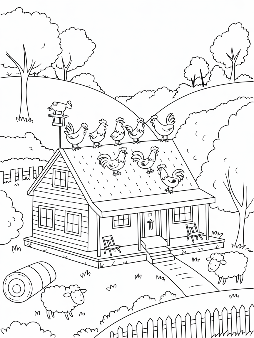 Country farmhouse with singing rooster choir - Free Coloring Page