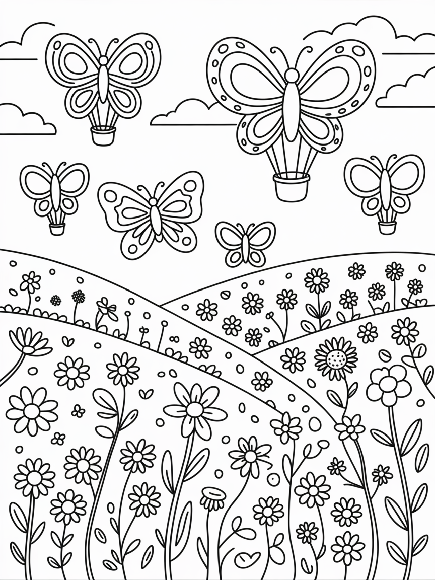 Wildflower meadow with butterfly hot air balloons - Free Coloring Page