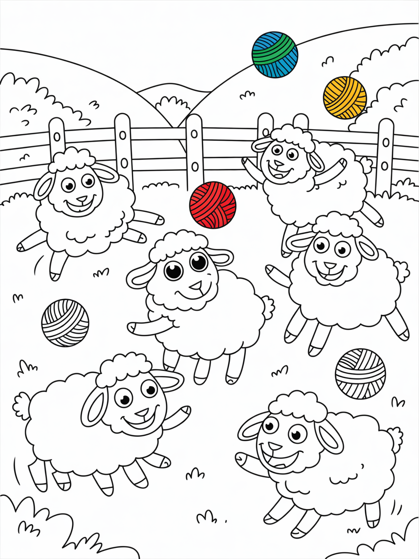 Barnyard with sheep juggling colorful yarn balls - Free Coloring Page
