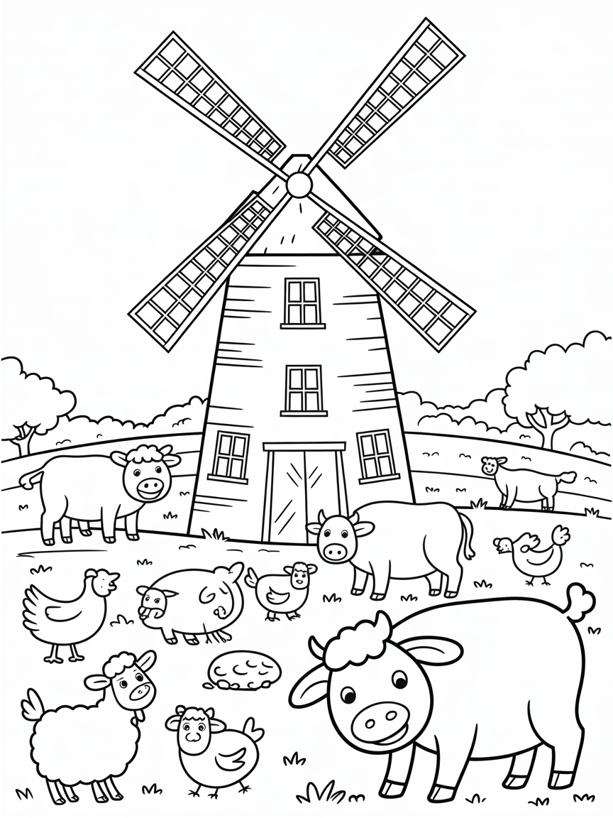 Old-fashioned windmill with spinning pinwheel farm animals - Free Coloring Page