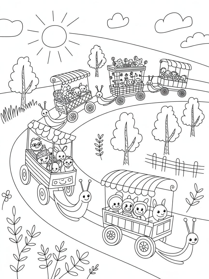 Country road trip with snail-driven wagon parade - Free Coloring Page
