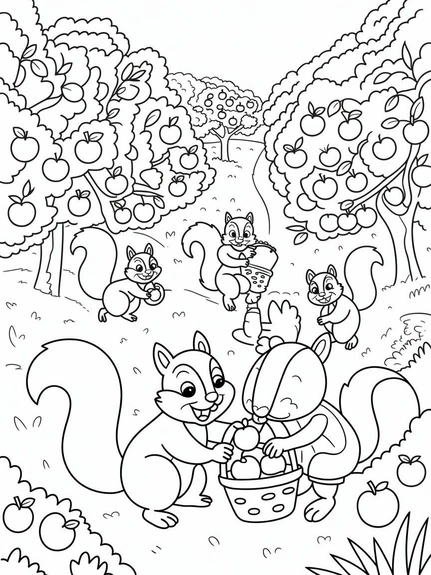 Rural orchard with apple-picking squirrel family - Free Coloring Page