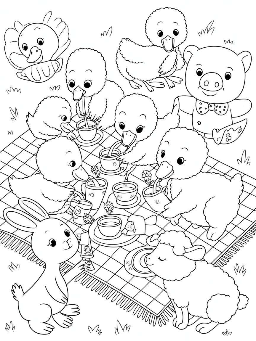 Farmyard tea party with lemonade-pouring ducklings - Free Coloring Page