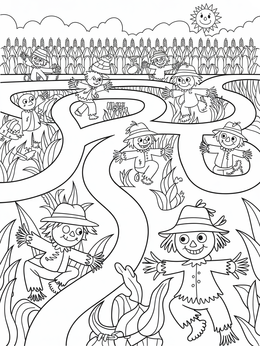 Cornfield maze with scarecrows playing hide and seek - Free Coloring Page