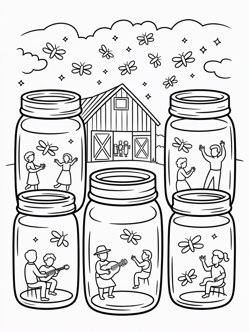 Fireflies in mason jars lighting a barn dance - Free Coloring Page
