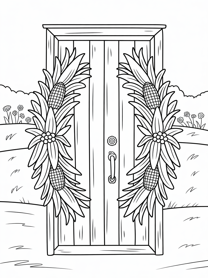 Farmhouse door adorned with corn husk wreaths - Free Coloring Page