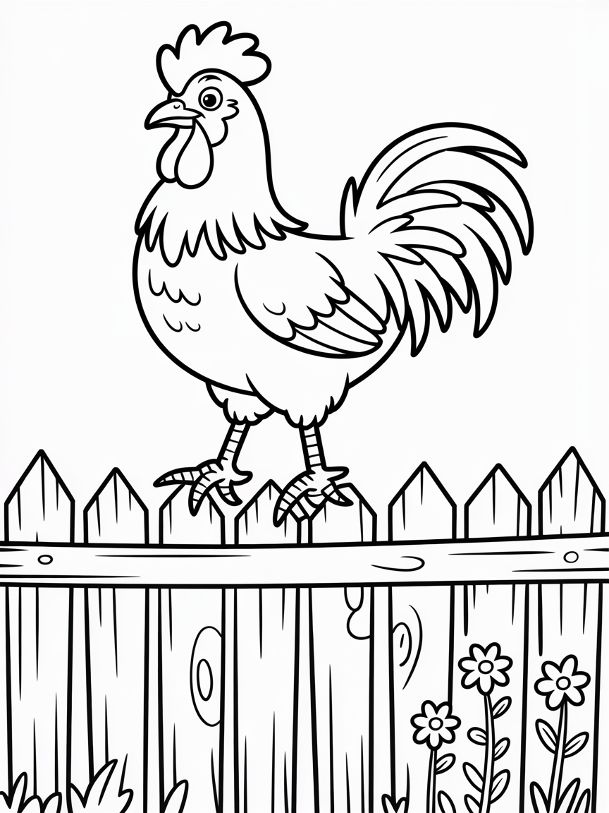 Rooster in cowboy boots on a picket fence - Free Coloring Page