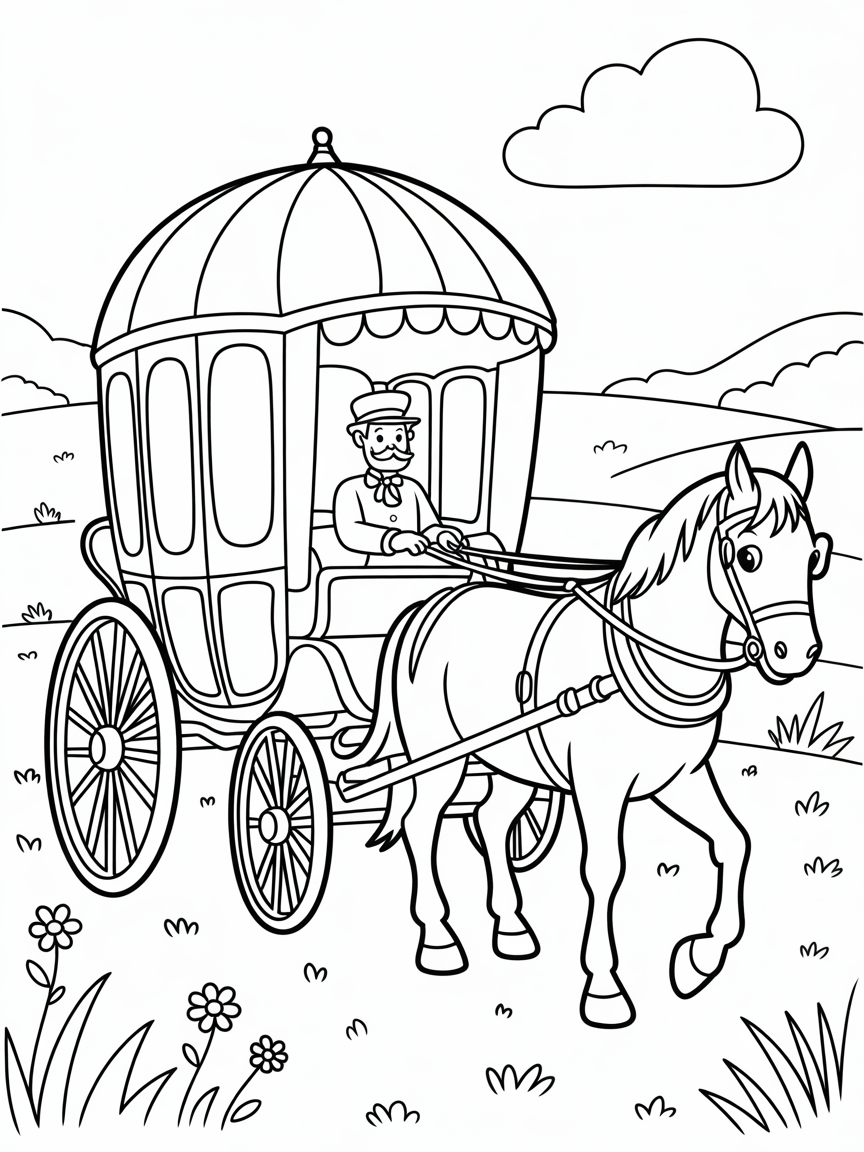 Horse-drawn carriage with a rainbow-colored canopy - Free Coloring Page