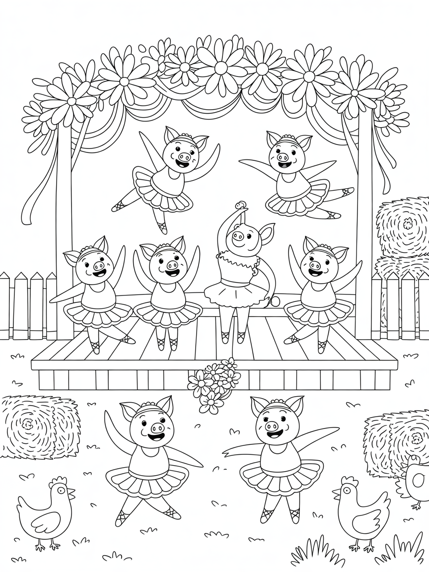 Barnyard talent show with pig ballerinas - Free Coloring Page