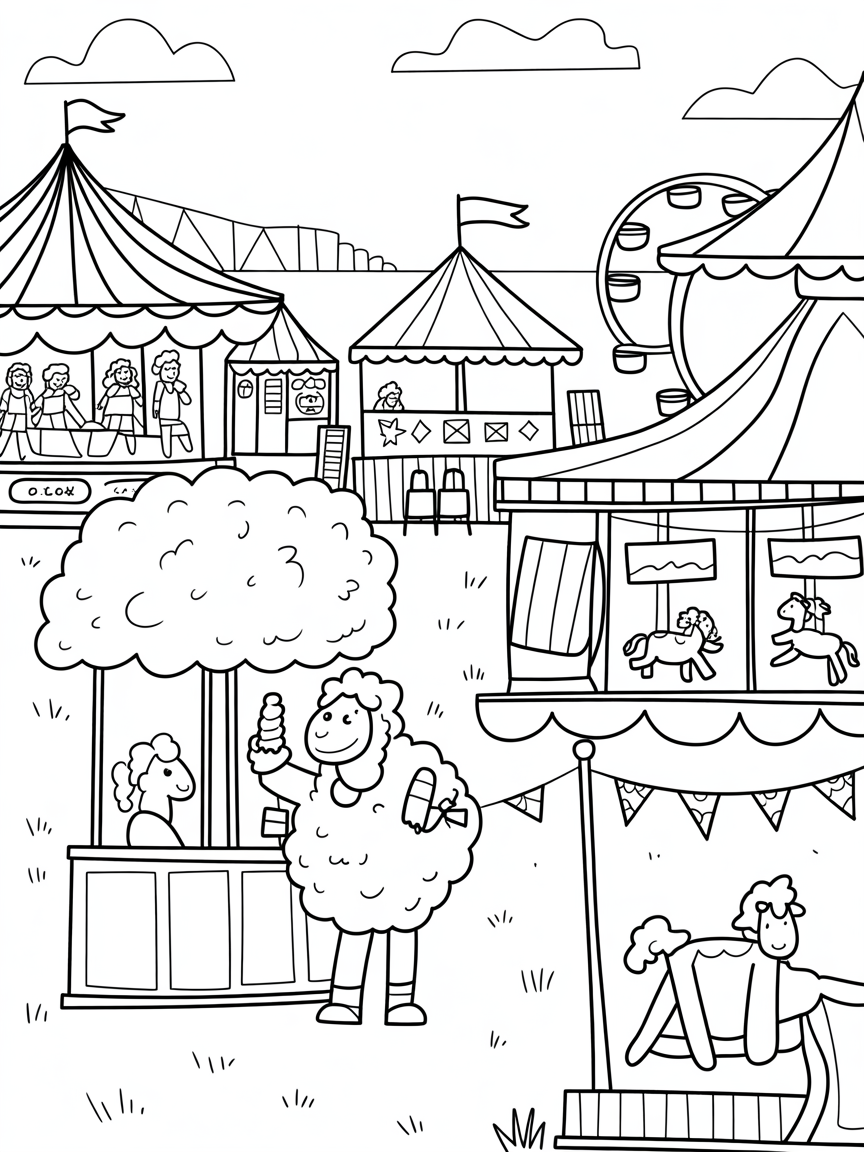 Country fairground with sheep wool candy floss - Free Coloring Page