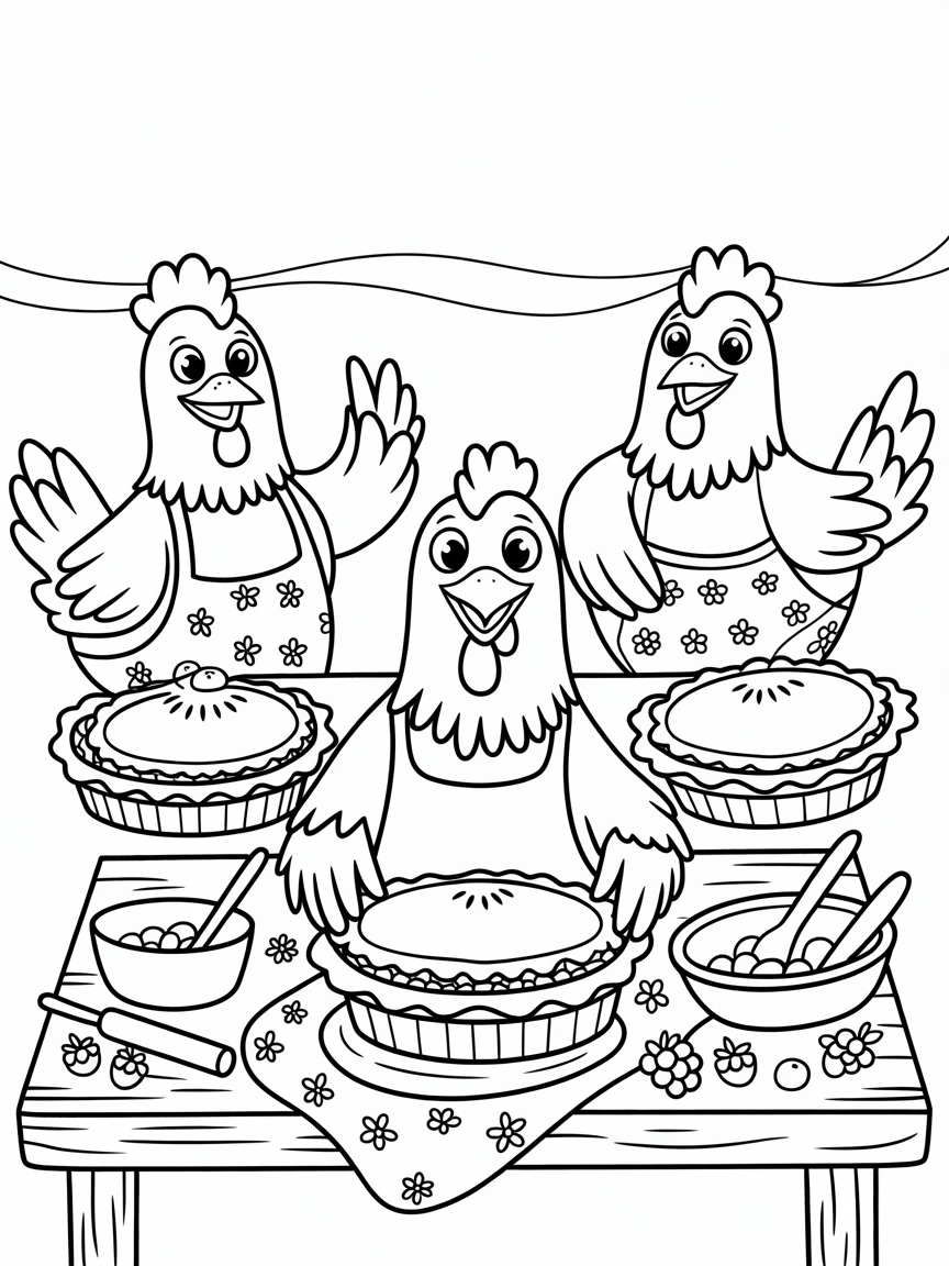 Hens in aprons baking berry pies in the sun - Free Coloring Page