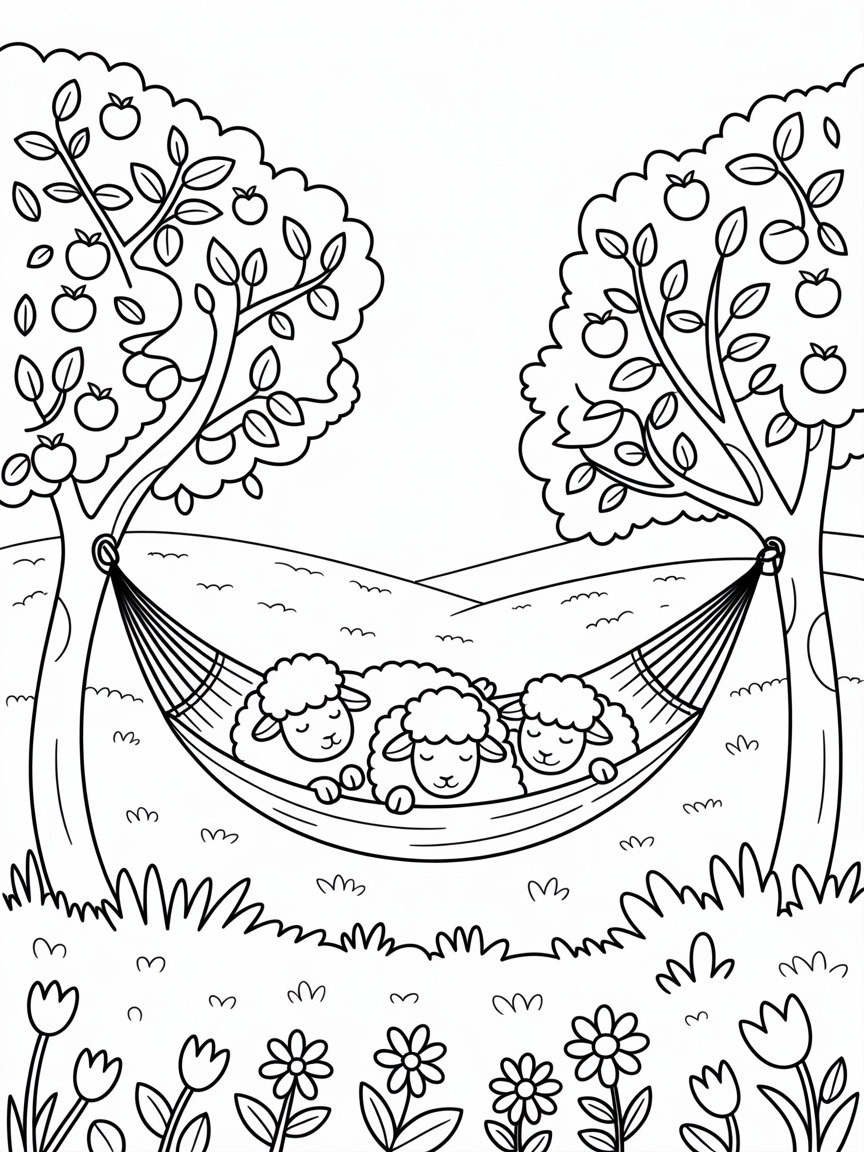 Garden hammock with snoozing sheep in the shade - Free Coloring Page